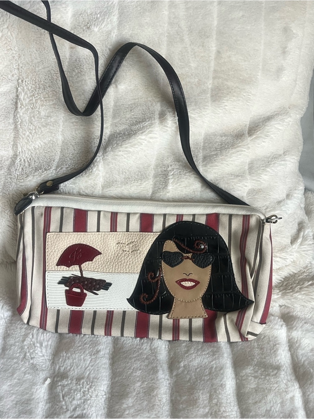 Striped Appliqué Crossbody Bag with Stylish Face Motif
